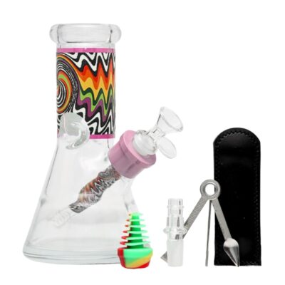8" Squiggle Rainbow Pattern 6-in-1 Glass Bong Kit - (Pink)